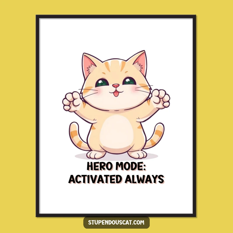 Funny Free Printable Wall Art: Heroic Cat pose, awesome downloadable art gift!
