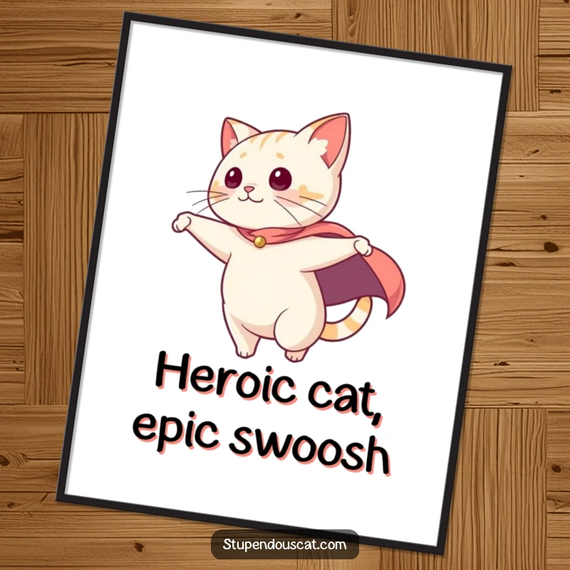 Funny Free Printable Wall Art: Cat wearing a cape dramatically swooping from a high point, like a superhero.