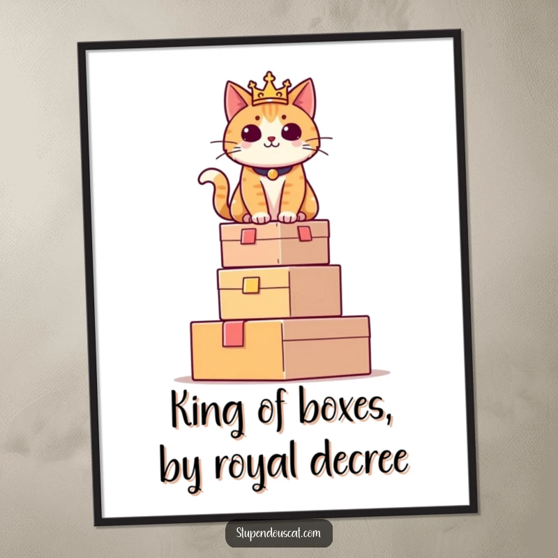 Funny Free Printable wall art featuring a regal cat sitting with immense pride atop a towering stack of boxes. Majestic downloadable art.