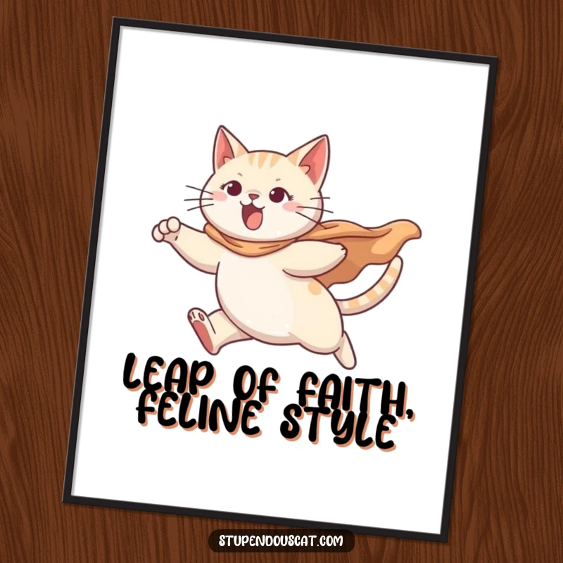 Funny free printable wall art depicting a cat with a billowing cape leaping heroically, full of adventurous spirit.