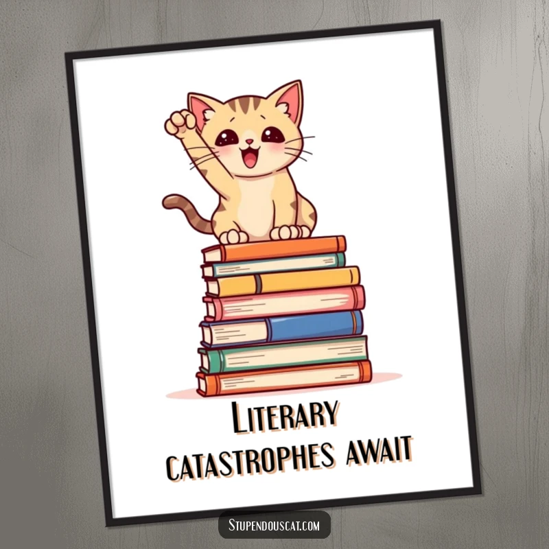 Funny Free Printable Wall Art: Cat strikes a dramatic pose atop a stack of books, looking regal.