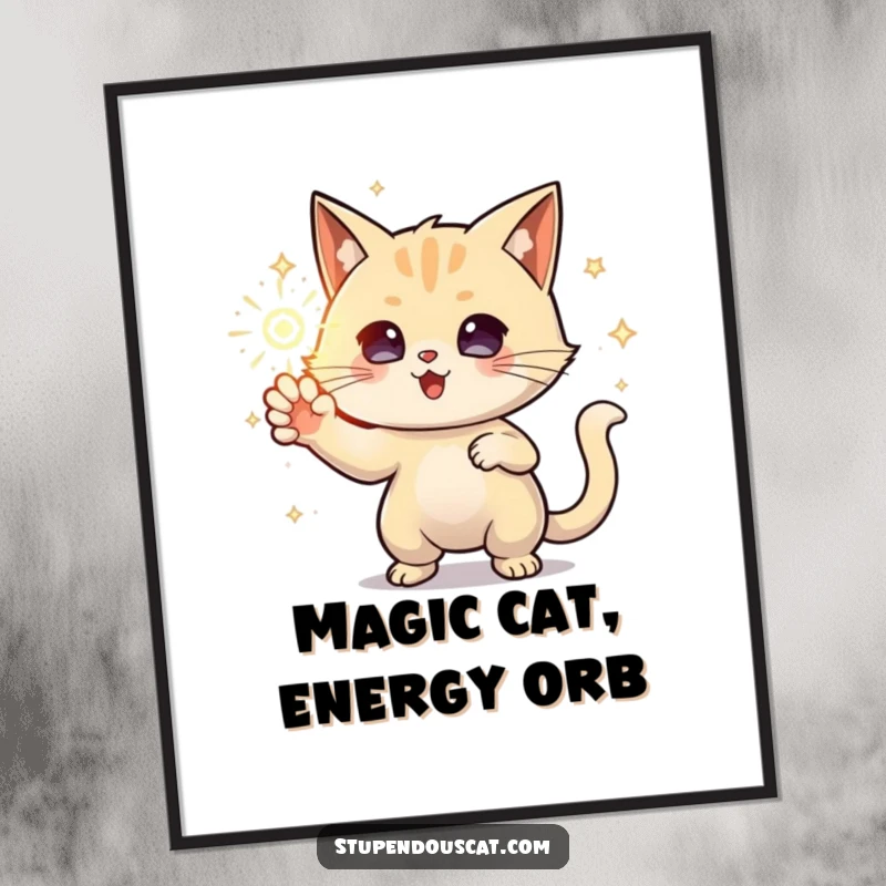 Funny Free Printable Wall Art: Powerful cat intensely concentrating, conjuring a large, sparkling orb of vibrant energy.