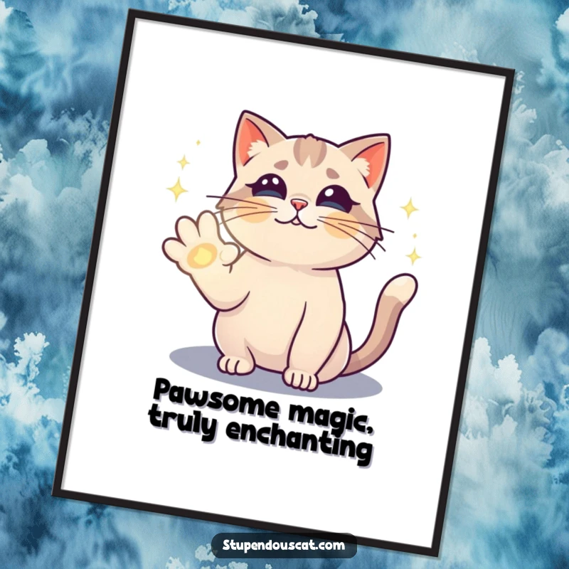 Funny Free Printable wall art of a magical cat casting a dazzling, sparkling spell with its paw. Enchanting downloadable art.