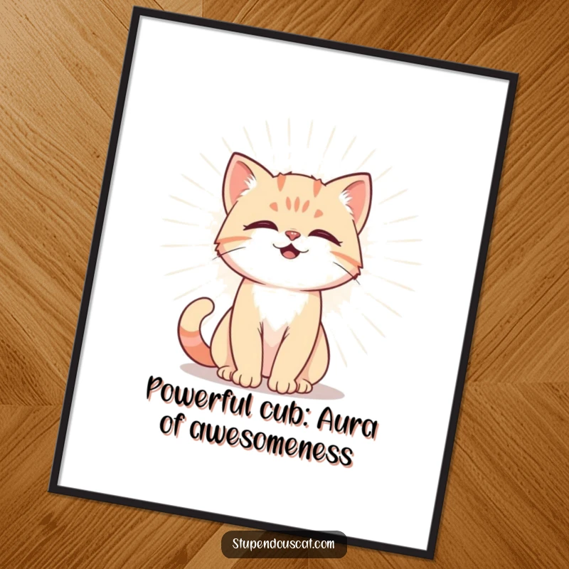 Funny Free Printable Wall Art: Powerful cat cub radiating a magnificent, radiant aura. A downloadable gift.