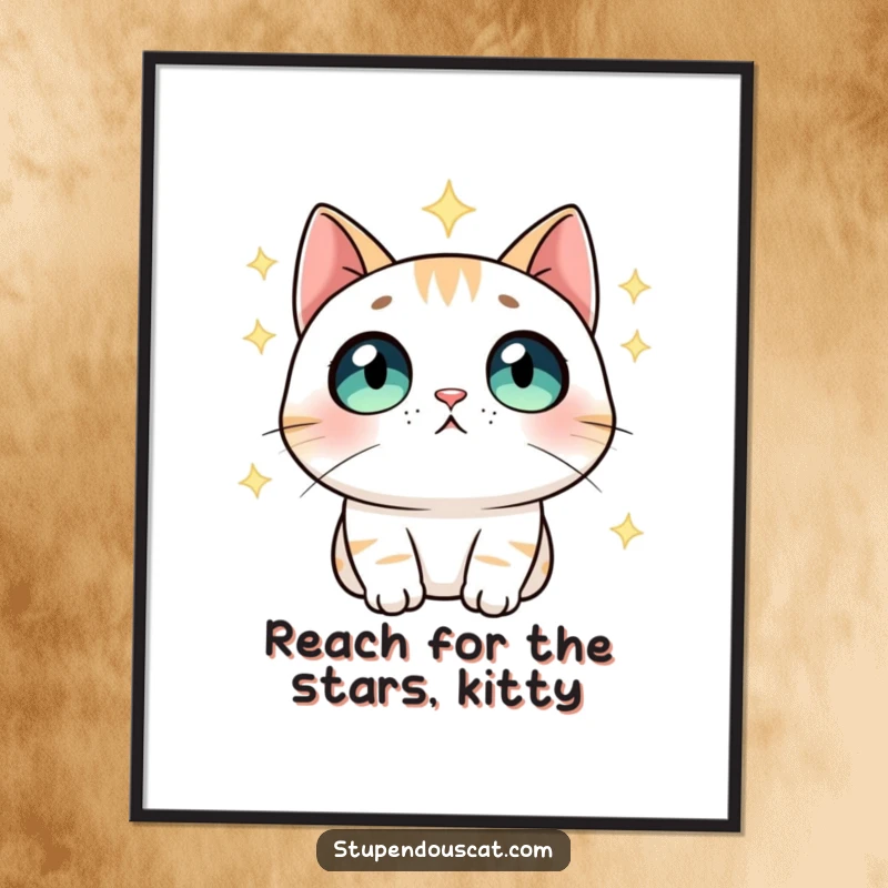 Funny Free Printable Wall Art: Cat with wide, impressed eyes gazing at a starry night sky.