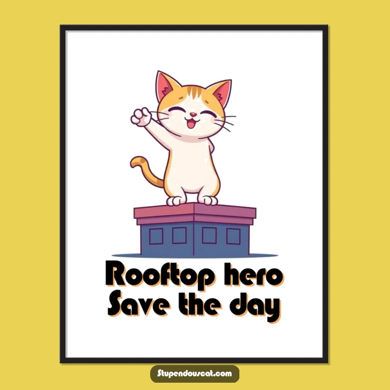 Free Printable Wall Art: Hero Cat Rooftop, Funny Superhero Feline Downloadable Decor
