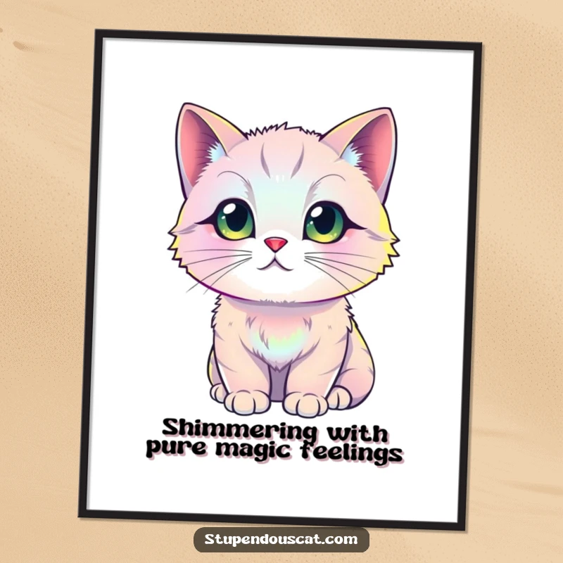 Funny Free Printable Wall Art: A majestic cat with vibrant, iridescent fur reflecting light in dazzling patterns, creating a magical display.