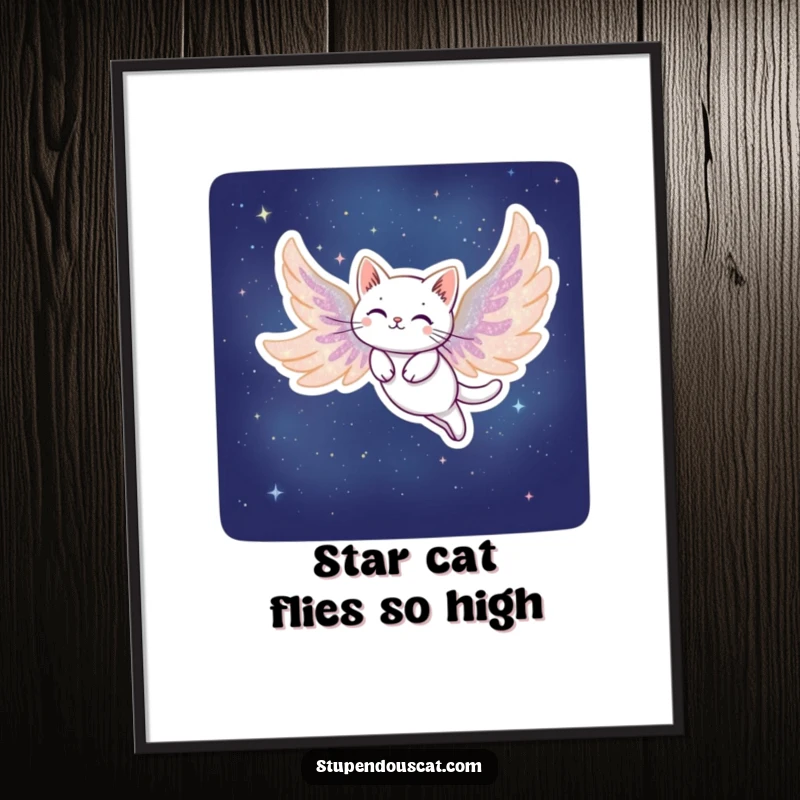 Funny Free Printable Wall Art: Cat with wings made of stardust soaring gracefully through the night sky. Downloadable humorous cat art.