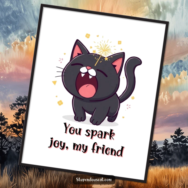 Funny Free Printable Wall Art of a black cat roaring amidst tiny, sparkling fireworks erupting