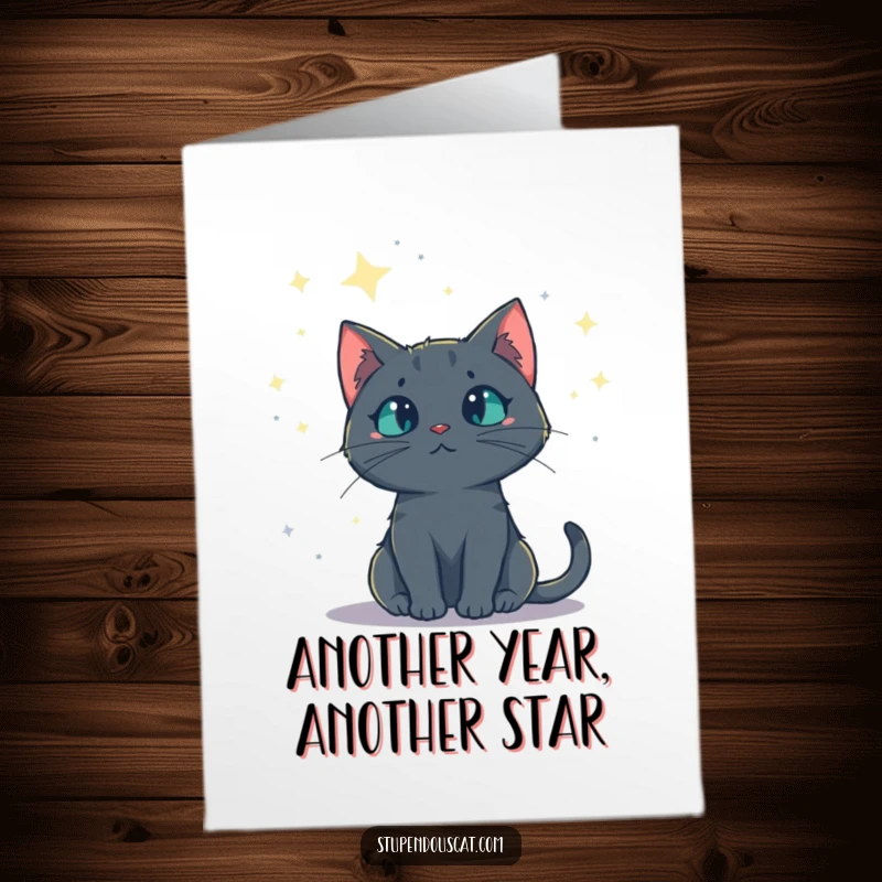 Funny Free Printable Birthday Card: A mysterious cat gazes at a starry night sky, pondering existence. Whimsical downloadable greeting.