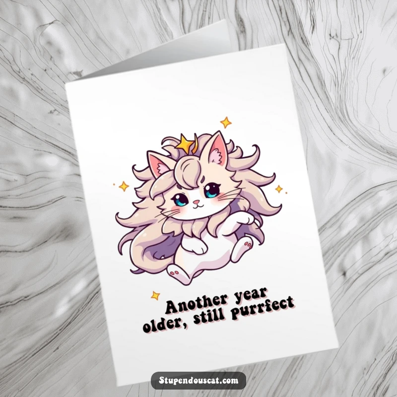 Funny Free Printable Birthday Card: Majestic cat with starry mane leaping across the galaxy with birthday wishes.