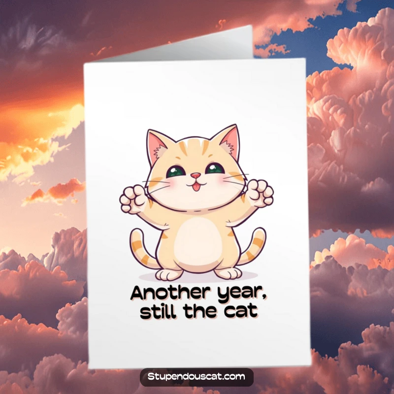 Funny free printable birthday card featuring a cat striking a proud, heroic pose with paws outstretched, ready for adventure.