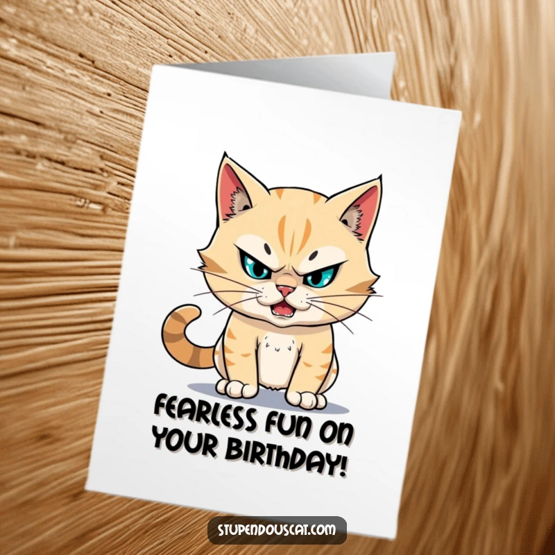 Funny Free Printable Birthday Card: A fearless cat facing a challenge head-on with amazing, unwavering resolve.