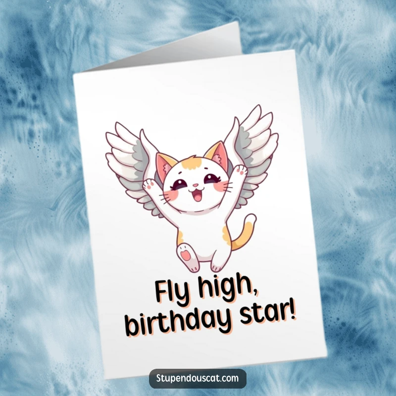 Funny Free Printable Birthday Card: Triumphant cat with wings unfurled soaring high in the sky, celebrating a birthday.