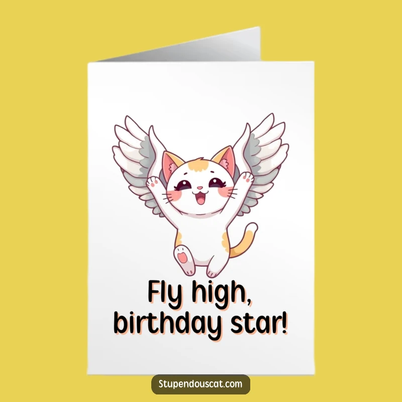 Free Printable Birthday Card: Triumphant Winged Cat for Heavenly Birthdays
