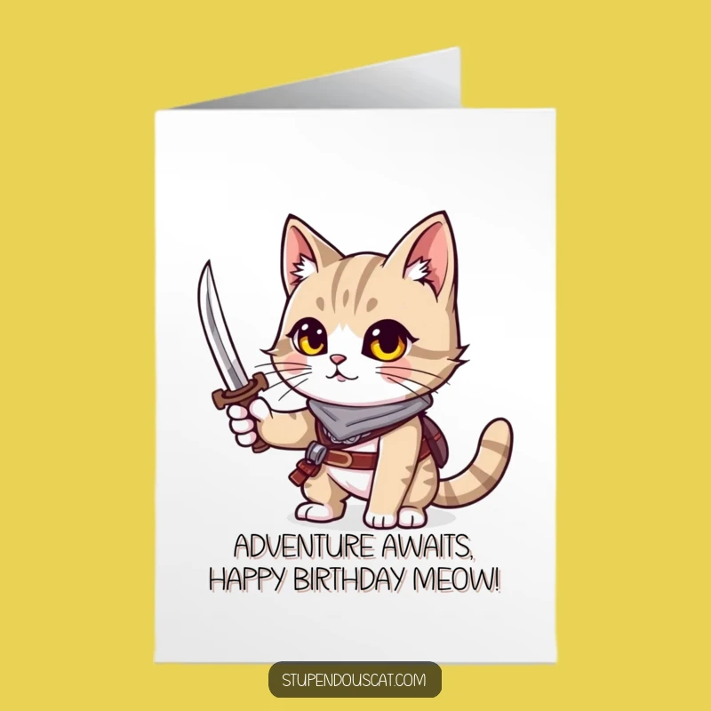 Free Printable Birthday Card: Adventurous Sword Cat Humor, Downloadable Gift