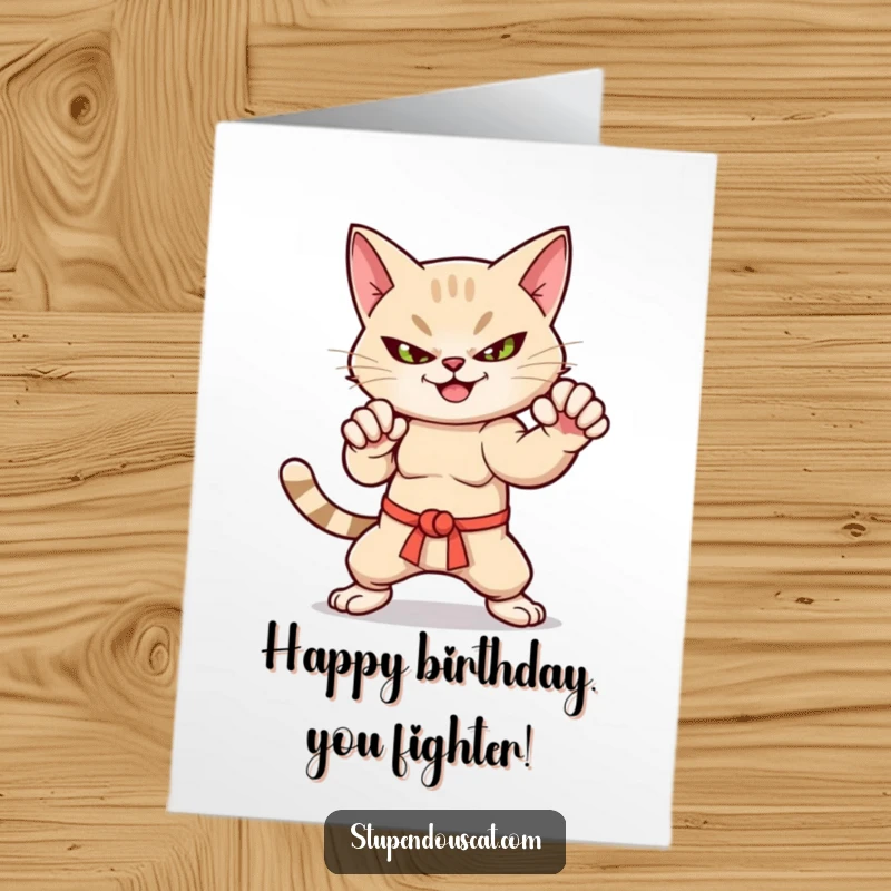 Funny free printable birthday card showing a cat in a dynamic martial arts stance, sporting a confident smirk.