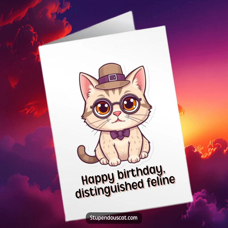 Funny Free Printable Birthday Card: A cat looking distinguished with a tiny monocle and a smart top hat.