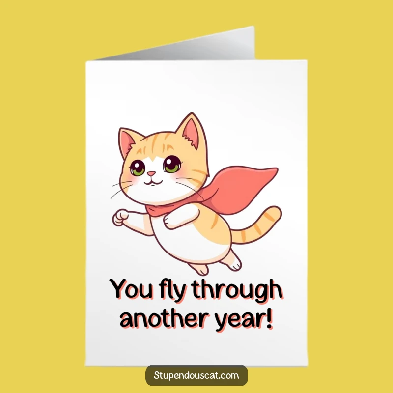 Free Printable Birthday Card: Flying Cat Hero Funny Downloadable Gift