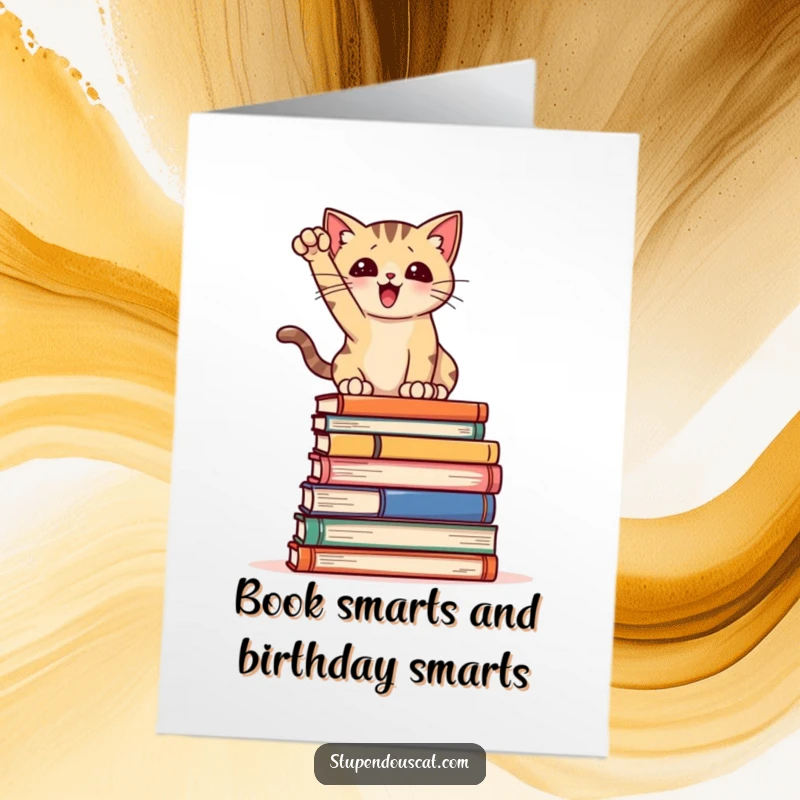 Funny Free Printable Birthday Card: Cat striking a dramatic pose on a book stack, looking regal.
