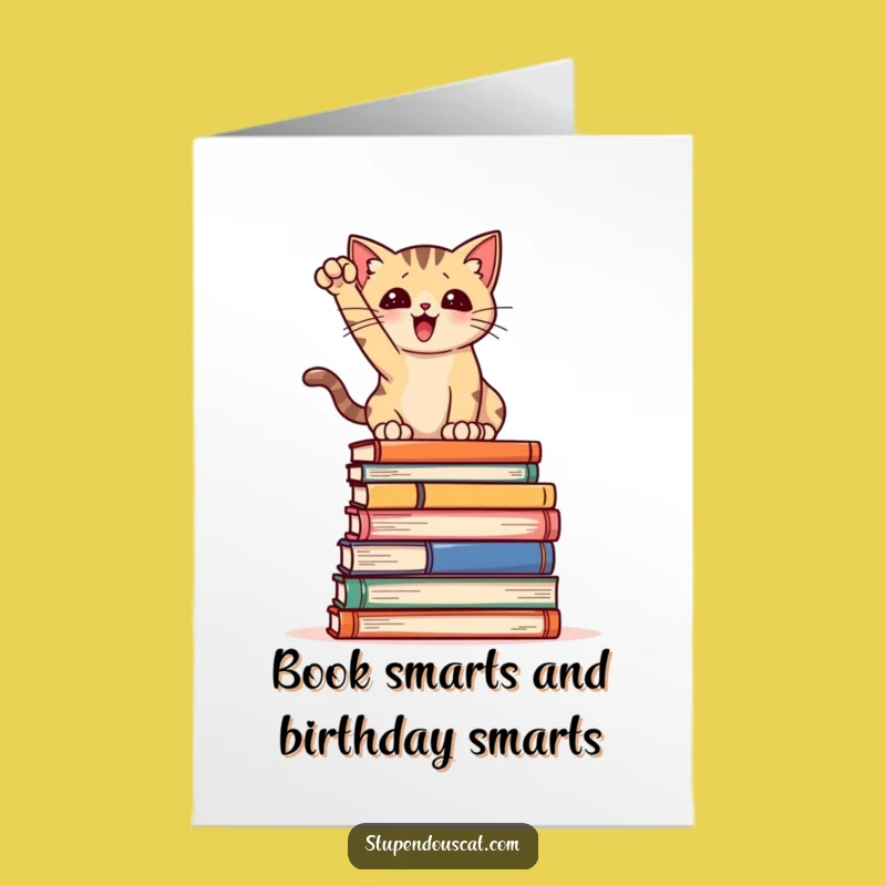 Free Printable Birthday Card: Funny Cat Book Tower Pose! Hilarious Downloadable Gift.
