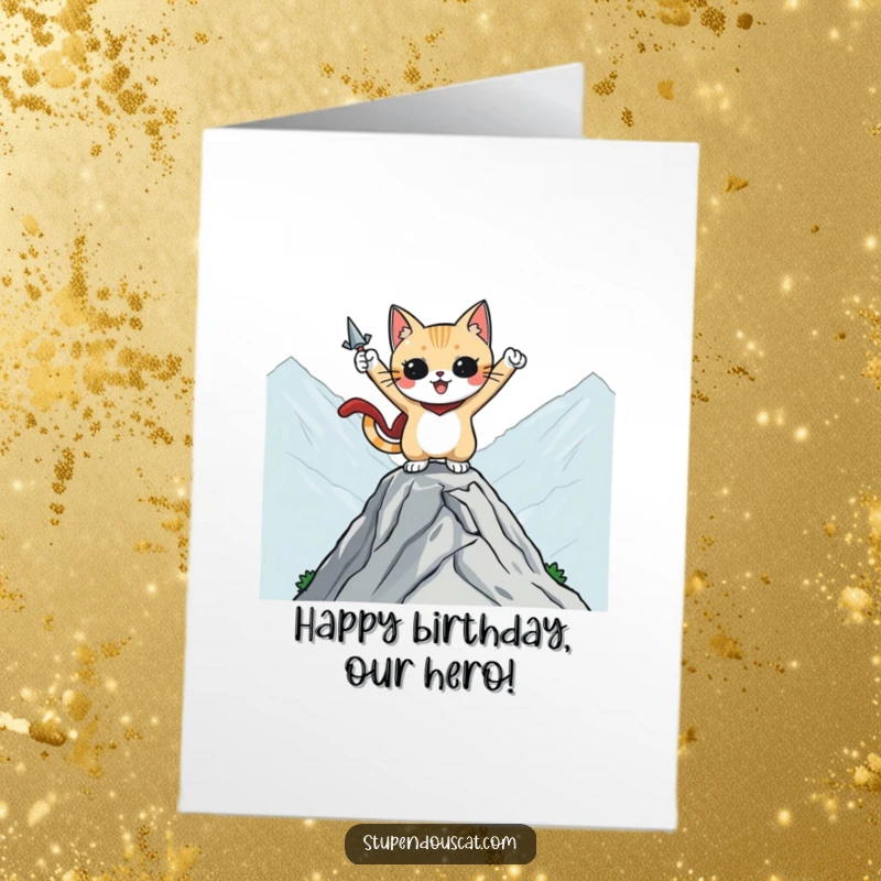 Funny Free Printable Birthday Card showing a cat character in a heroic pose atop a mountaintop, ready for adventure.