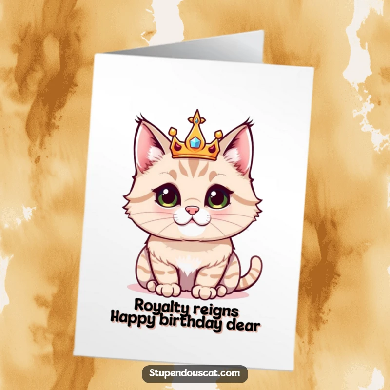 Funny Free Printable Birthday Card: Majestic cat wearing a sparkling crown, looking regally amused, ready for a laugh.