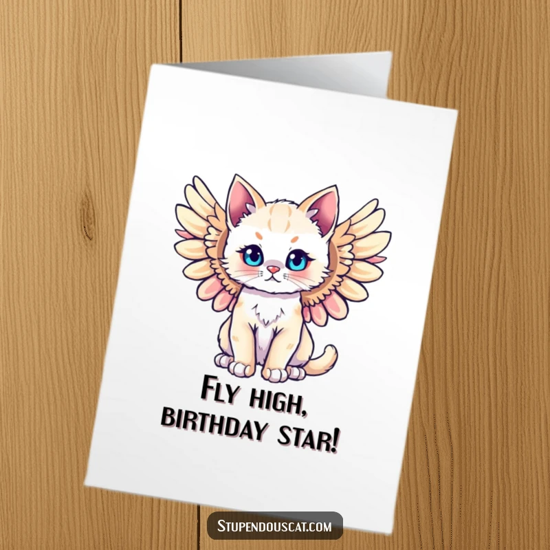 Funny Free Printable Birthday Card: Majestic cat cub with angelic wings spread wide, ready to deliver birthday cheer.
