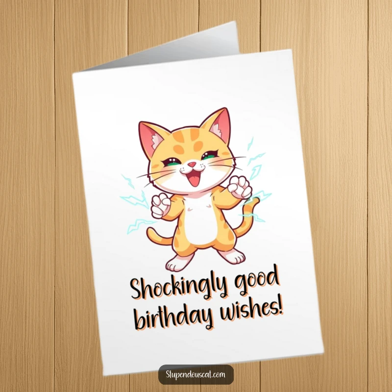 Funny Free Printable Birthday Card: Cat conjuring lightning bolts with its paws, ready to strike with birthday cheer.