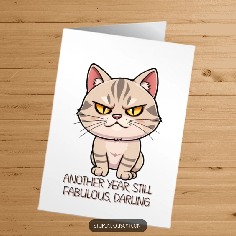 Funny Free Printable Birthday Card: A smug cat with narrowed, twinkling eyes strikes a dramatic, confident pose.