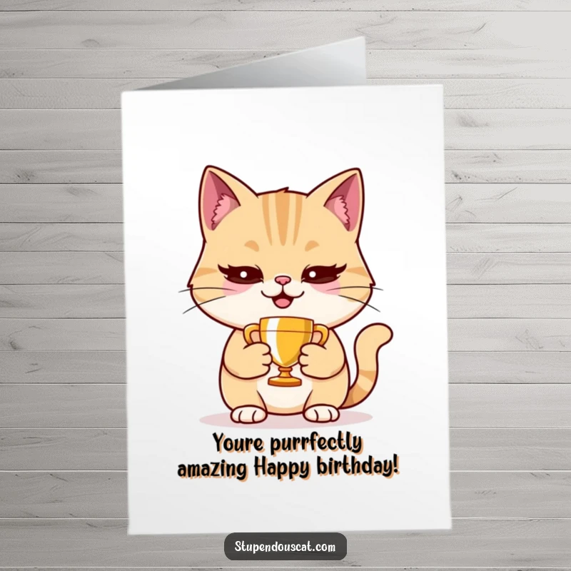 Funny free printable birthday card of a smug cat holding a tiny trophy, looking incredibly pleased with itself.