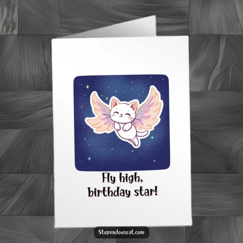 Funny Free Printable Birthday Card: Cat with wings made of stardust soaring gracefully through the night, celebrating a birthday. Downloadable and magical.