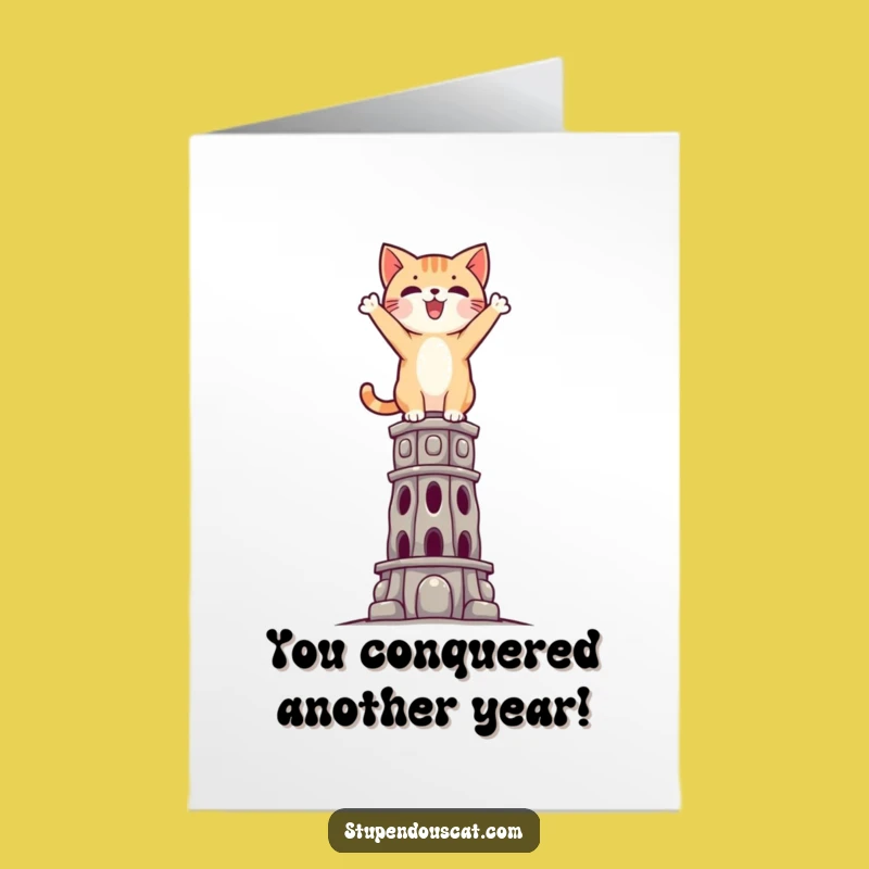 Free Printable Birthday Card: Triumphant Cat, Impossible Height Downloadable Gift