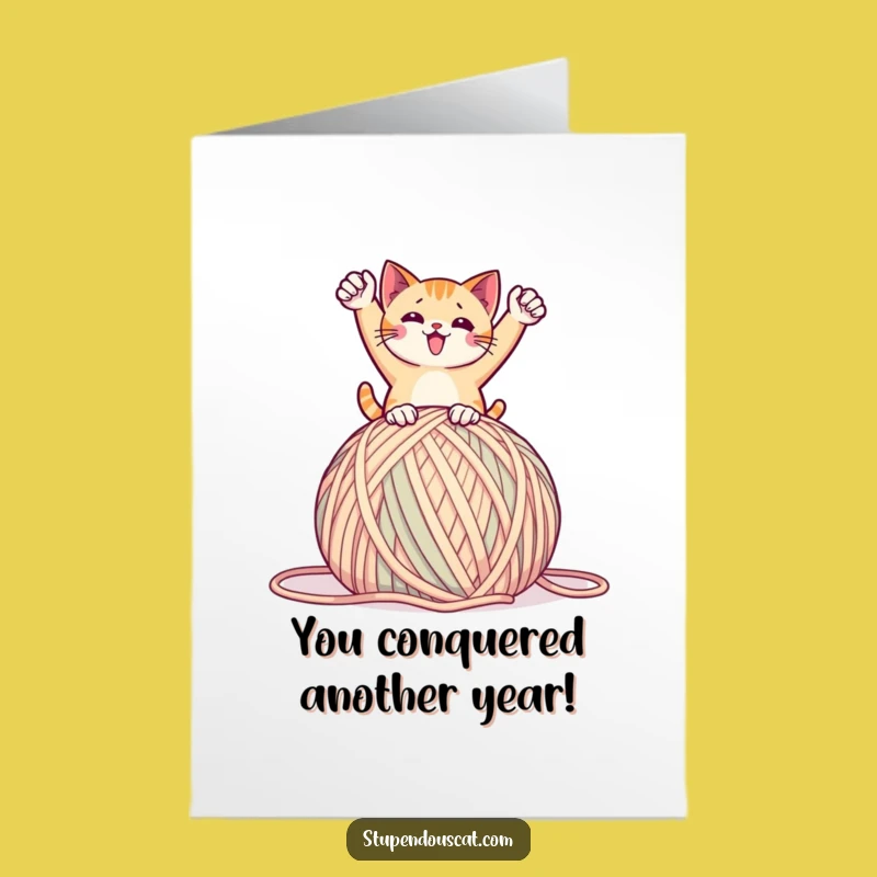 Free Printable Birthday Card: Triumphant Cat on Yarn, Hilarious Birthday Victory!