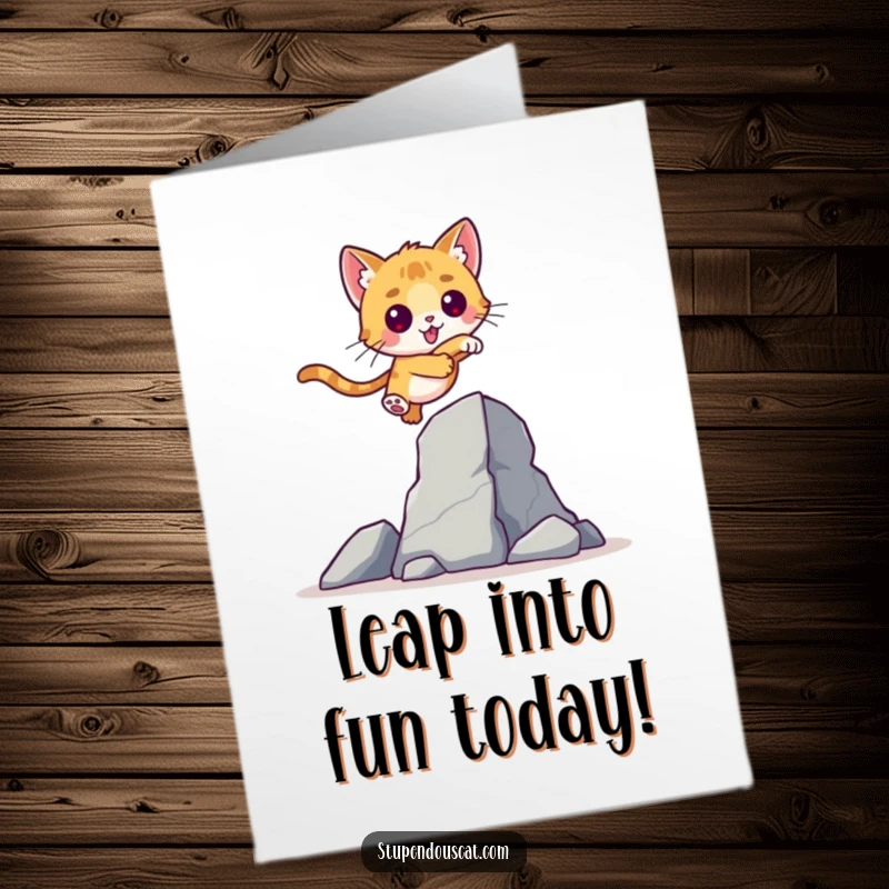 Funny Free Printable Birthday Card: A valiant cat cub leaps heroically over a tall, imposing obstacle.