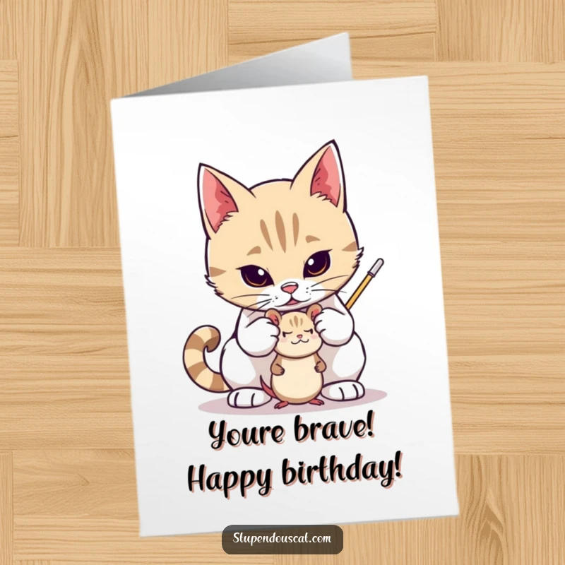 Funny Free Printable Birthday Card: A valiant cat fiercely protects a small toy mouse. Adorable downloadable greeting.