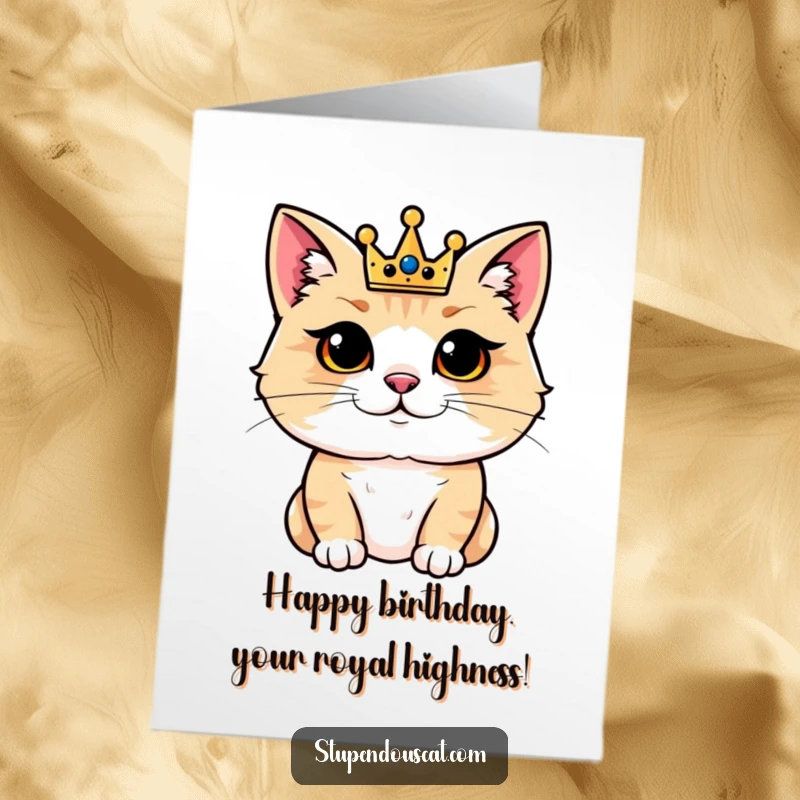Funny Free Printable Birthday Card: Regal cat in a tiny crown looks pleased, fit for a birthday king or queen. Downloadable gift.