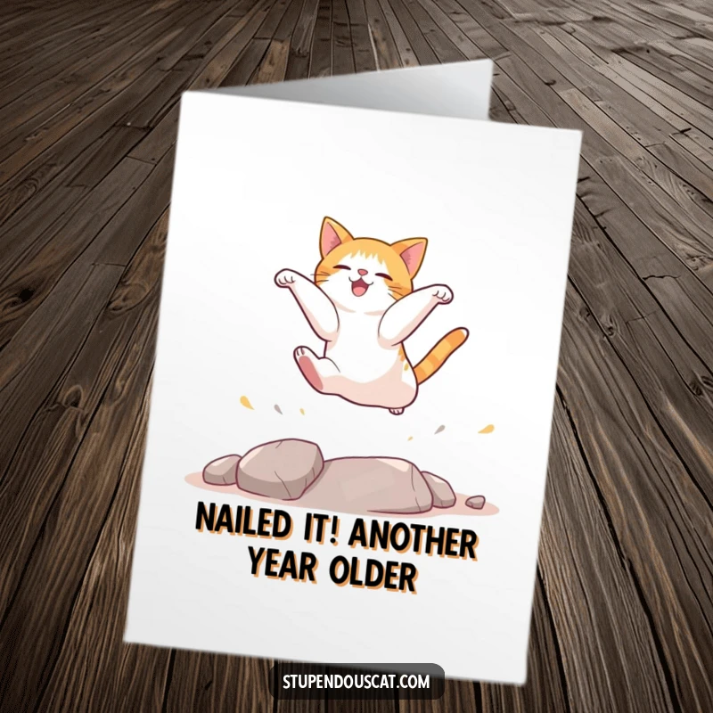 Funny Free Printable Birthday Card: Cat mid-air landing gracefully after a spectacular jump, ready for celebration.