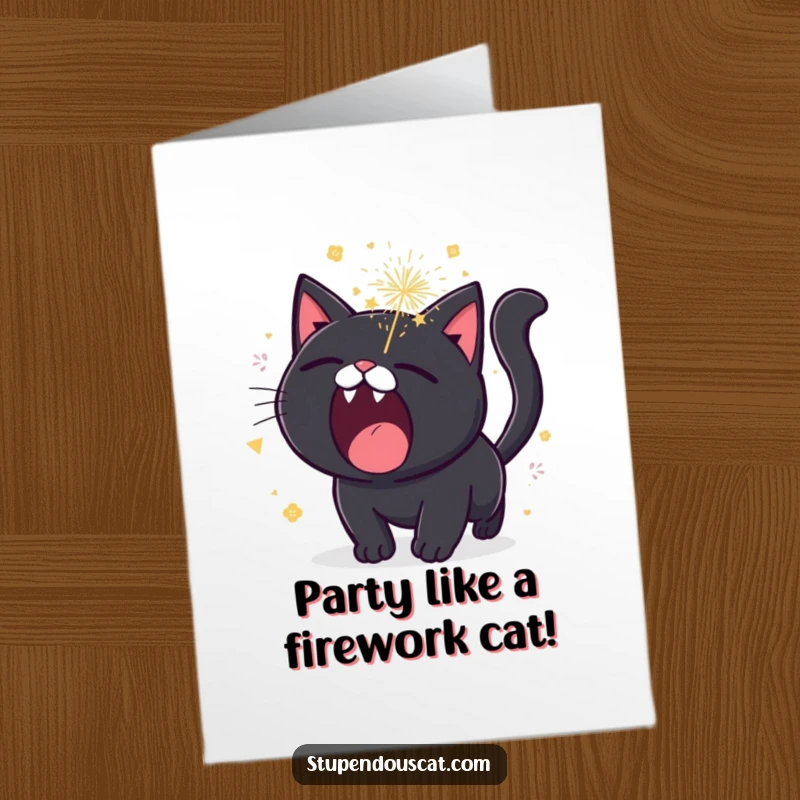 Funny Free Printable Birthday Card of a black cat roaring with tiny sparkling fireworks erupting around it
