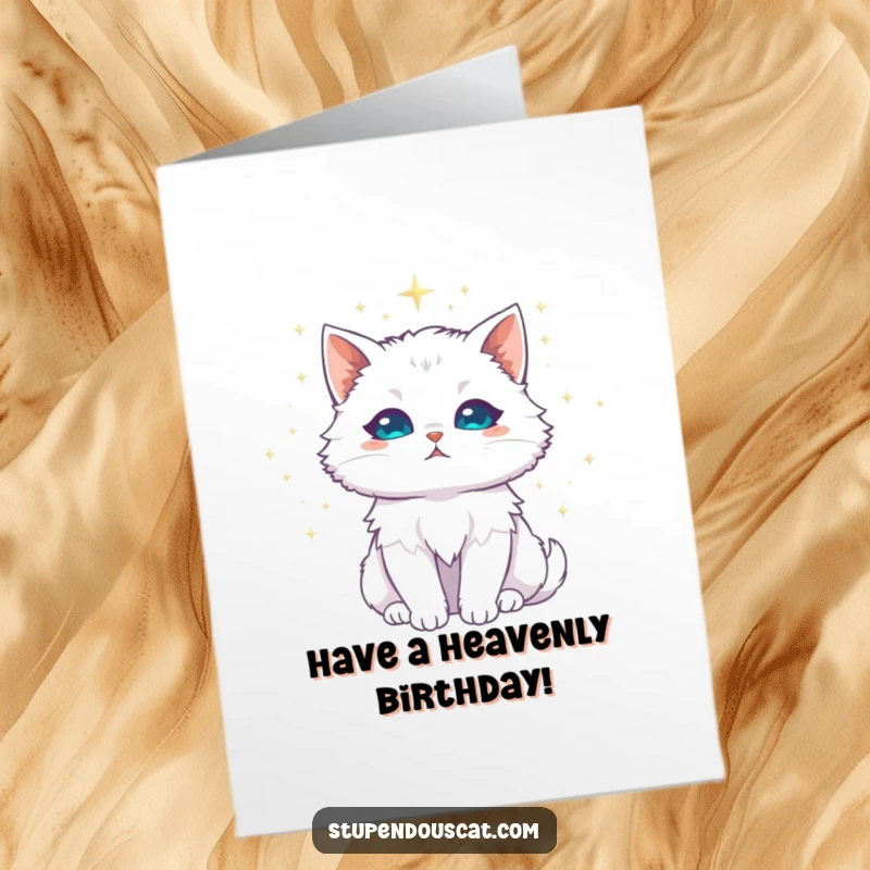 Funny Free Printable Birthday Card of a majestic white cat with a halo of shimmering stardust