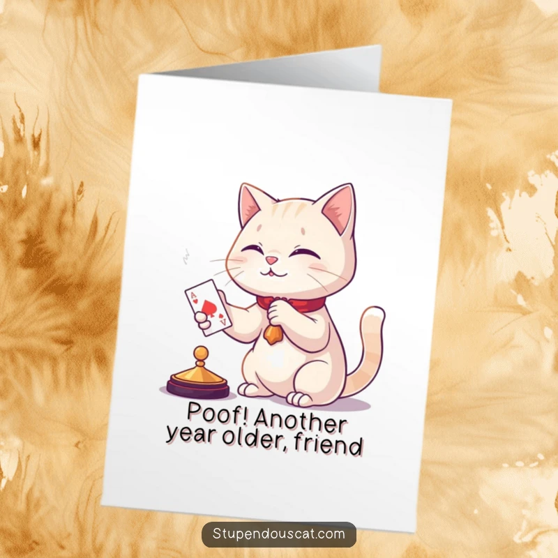 Funny Free Printable Birthday Card: A cat in a top hat performing a card trick, looking magical and mischievous.