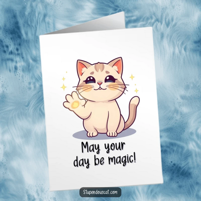 Funny Free Printable birthday card showing a magical cat casting a sparkling spell with its paw. An enchanting downloadable gift.