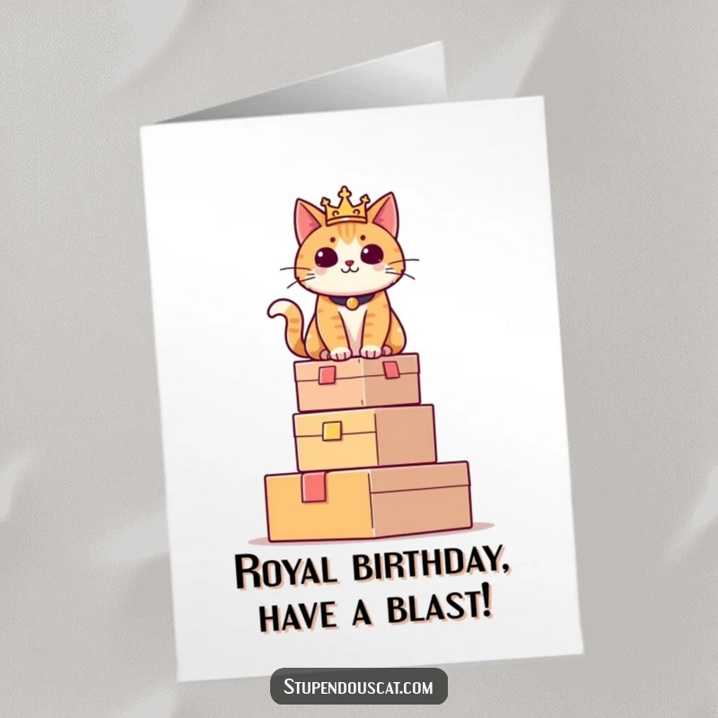 Funny Free Printable birthday card featuring a regal cat perched proudly atop a tower of boxes. A majestic downloadable gift.