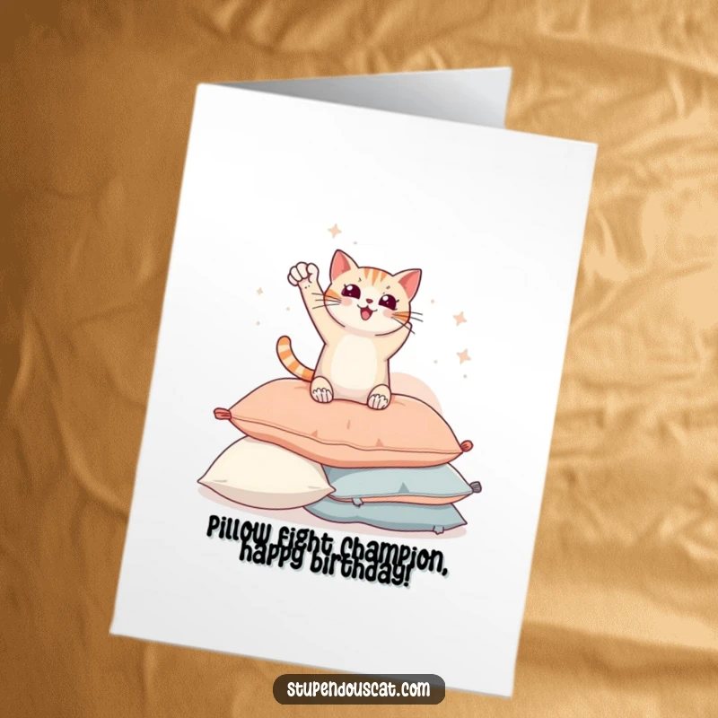 Funny Free Printable birthday card featuring a triumphant cat posing heroically atop a plush pillow pile. A victorious downloadable gift.