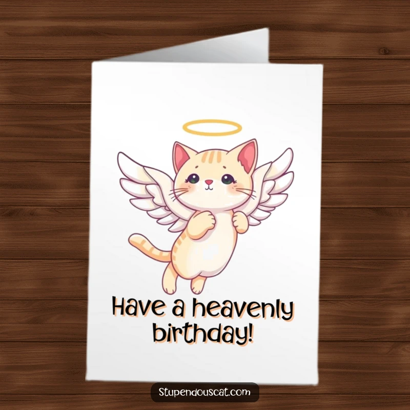 Funny Free Printable Birthday Card: A cat with angelic wings soaring gracefully through the sky, a heavenly wish.
