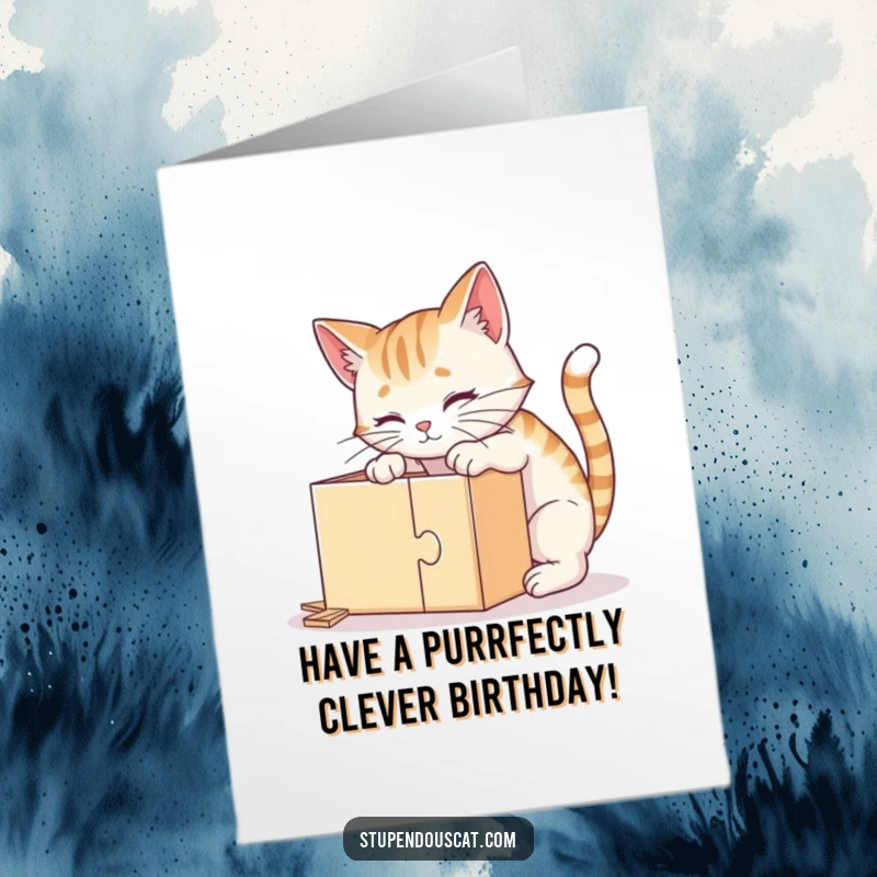 Funny Free Printable birthday card featuring a clever cat intently solving a puzzle box. A smart and engaging downloadable gift.