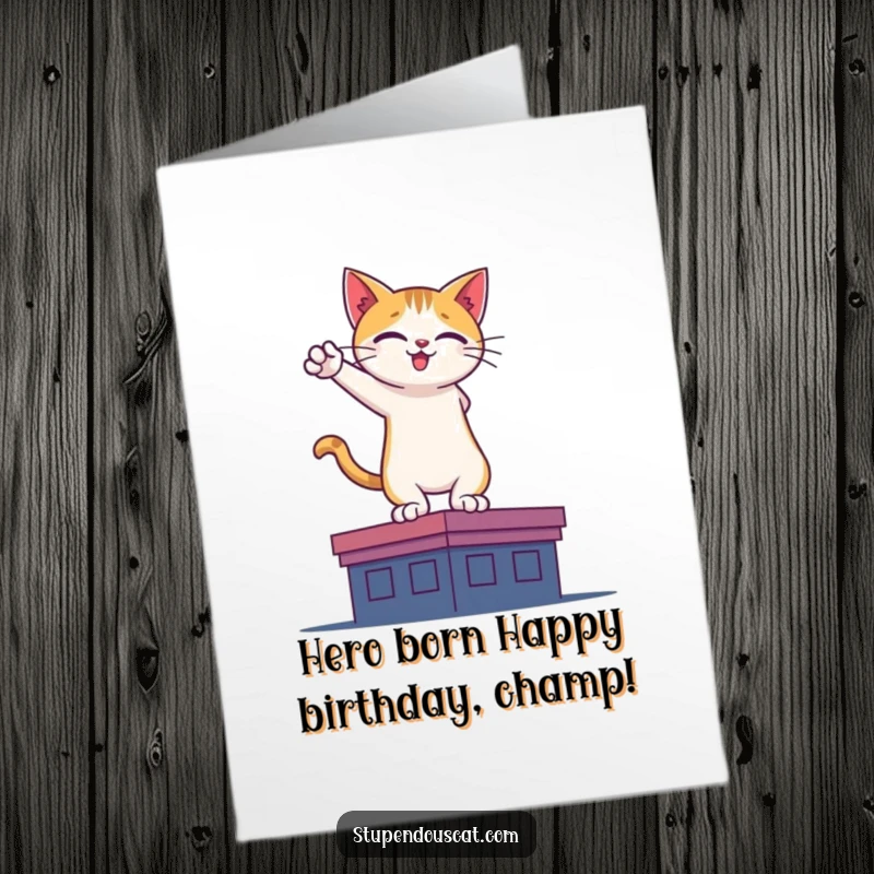Funny Free Printable Birthday Card: Cat striking a heroic pose on a rooftop silhouette, like a superhero ready for action.