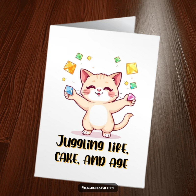 Funny Free Printable Birthday Card: A skilled cat juggling colorful, sparkling gems with a focused and happy expression, a true showstopper.