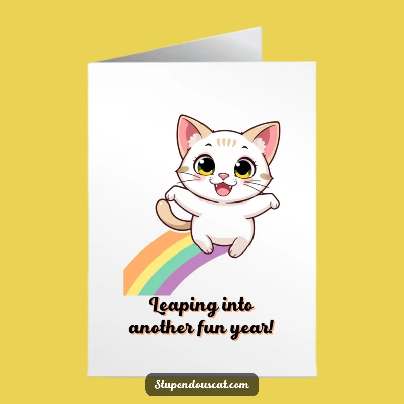 Free Printable Birthday Card: Funny Leaping Cat Rainbow Grin, Downloadable Fun Gift