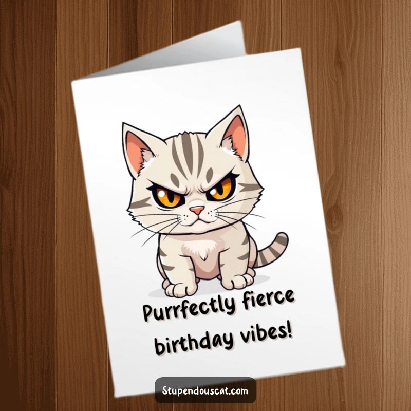 Funny Free Printable Birthday Card: A cat with a determined stare, ready for a big birthday mission.